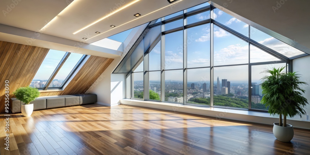 Fototapeta premium Interior of a modern apartment with angled window and wall, modern, apartment, interior, angled window, wall, design