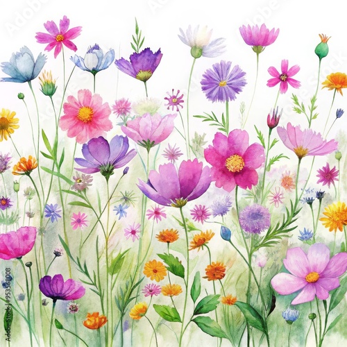 Wallpaper Mural A watercolor painting of a vibrant flower field with various blooms. Concept of spring and nature's beauty, watercolor illustration Torontodigital.ca