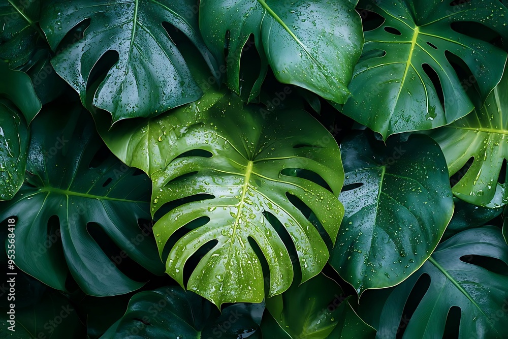 Green Monstera Leaves With Water Droplets Photo Green Monstera Leaves With Water Droplets Photo
