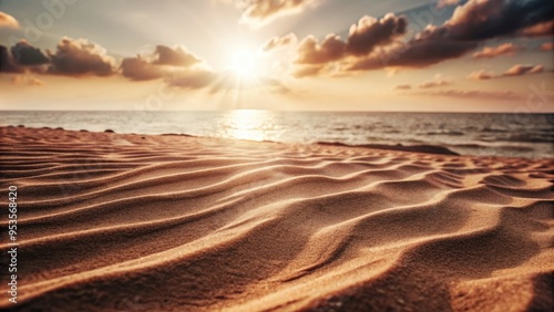 Golden sands with gentle waves and vibrant sunset over the ocean horizon. Generative AI