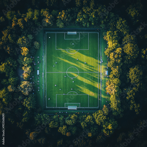 A soccer field with a large group of people playing. The field is surrounded by trees, creating a peaceful and natural atmosphere