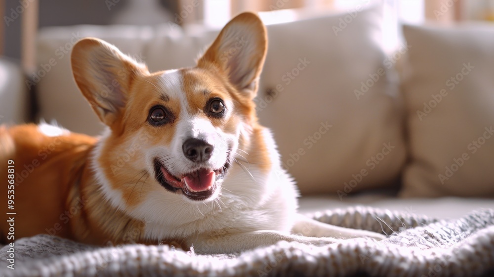 Smiling corgi on blanket in home Smiling corgi on blanket in home