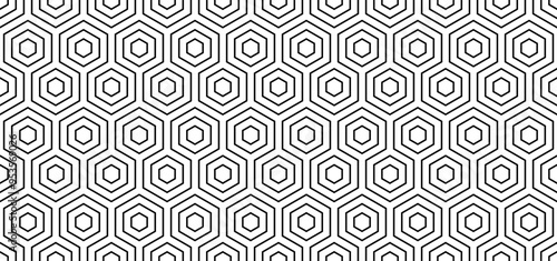 Seamless geometric pattern. Black and white abstract background with hexagons, lines.