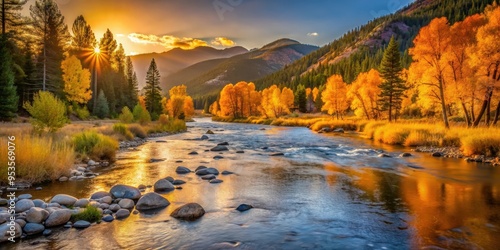 Fall sunrise casting a golden glow on the Big Thompson River in Rocky Mountain National Park photo