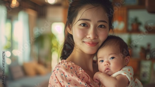 Woman holding baby indoors during the day