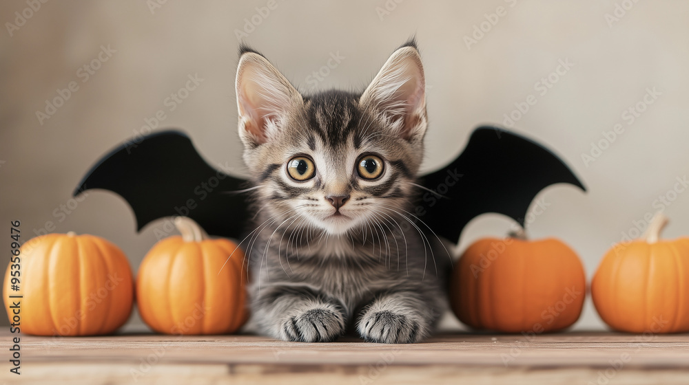 Cute Black Baby Kitten Cat with Orange Eyes Wearing Scary Black Bat Wings as Halloween Costume. next to Pumpkins - Studio soft lighting shot on plain background, Funny Halloween background. Cute Black Baby Kitten Cat with Orange Eyes Wearing Scary Black Bat Wings as Halloween Costume. next to Pumpkins - Studio soft lighting shot on plain background, Funny Halloween background.