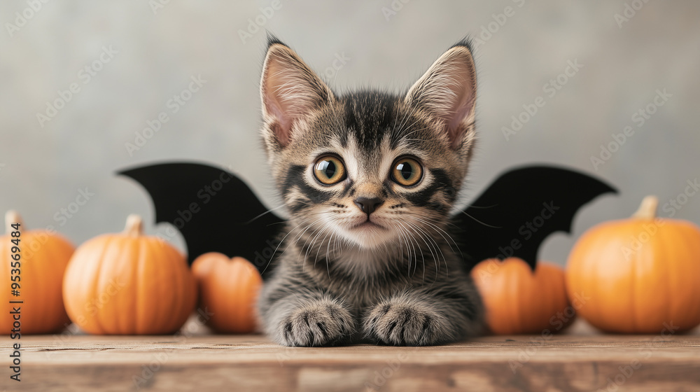  Cute Black Baby Kitten Cat with Orange Eyes Wearing Scary Black Bat Wings as Halloween Costume. next to Pumpkins - Studio soft lighting shot on plain background, Funny Halloween background.