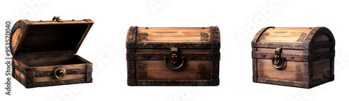 mediaeval opened unlocked and closed locked treasure antique vintage chest with gothic or middle ages pirate crate engravement, old wooden game asset set isolated on transparent png background cutout