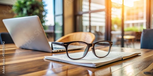 A blurred background with sharp focus on trendy, modern glasses perched on the edge of a wooden desk,