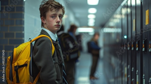 Young student with yellow backpack stands in school hallway with lockers, ready for class. Bright sunlight illuminates the scene with a calm ambiance.