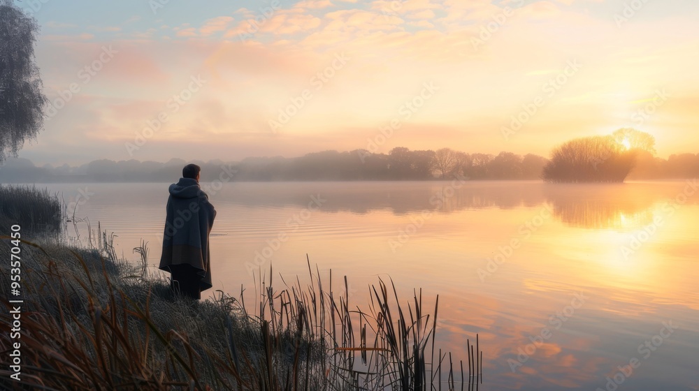 Person wrapped in a cloak standing by a serene lakeside, watching a tranquil sunrise with warm light reflecting on the calm water. Person wrapped in a cloak standing by a serene lakeside, watching a tranquil sunrise with warm light reflecting on the calm water.