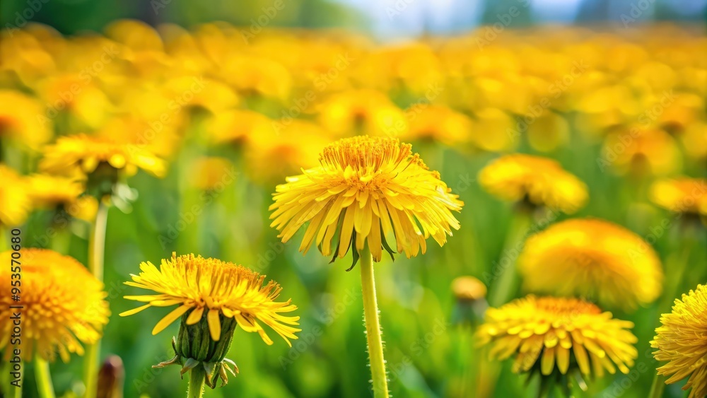 Close-up of blooming yellow dandelions in a field , selective focus, springtime, wildflowers, nature, vibrant, meadow, plant Close-up of blooming yellow dandelions in a field , selective focus, springtime, wildflowers, nature, vibrant, meadow, plant