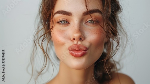 Woman with brown hair pouting lips