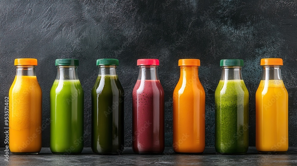 A row of juice bottles with different colors and flavors A row of juice bottles with different colors and flavors