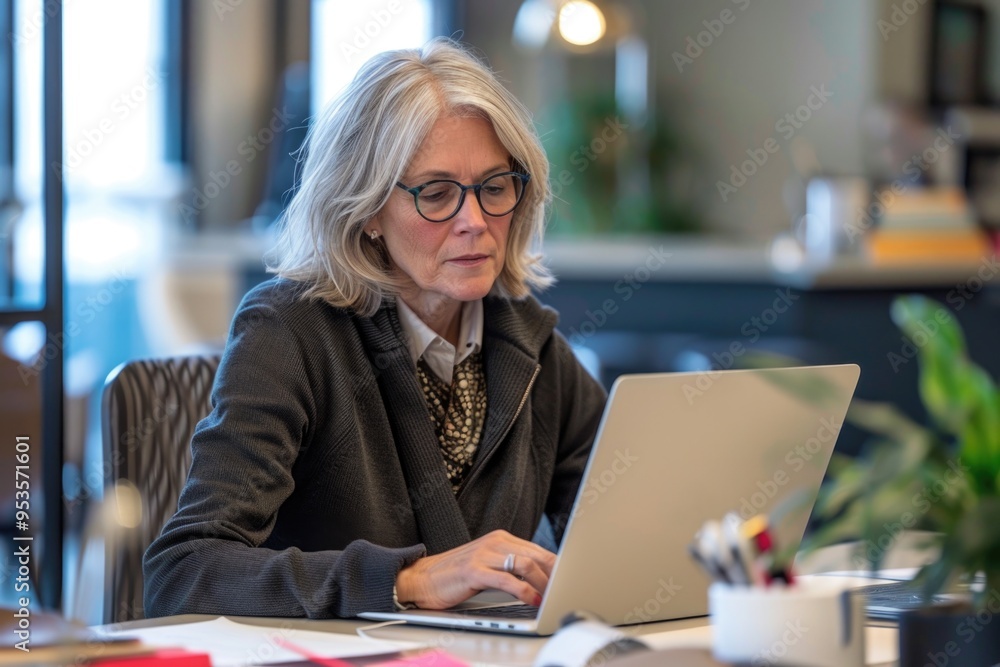 Woman using laptop at table Woman using laptop at table