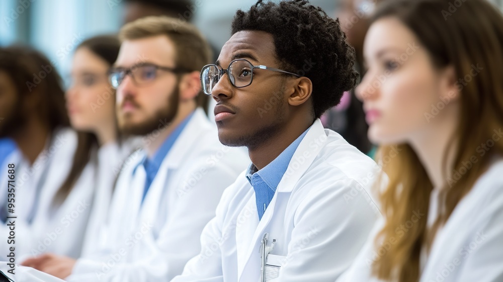 A group of people wearing white lab coats are sitting in a classroom A group of people wearing white lab coats are sitting in a classroom