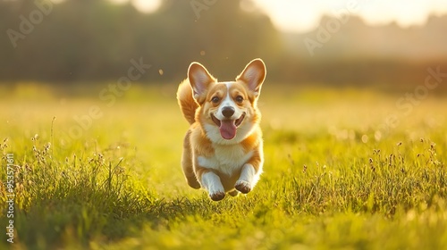 A dog is running in a field of grass