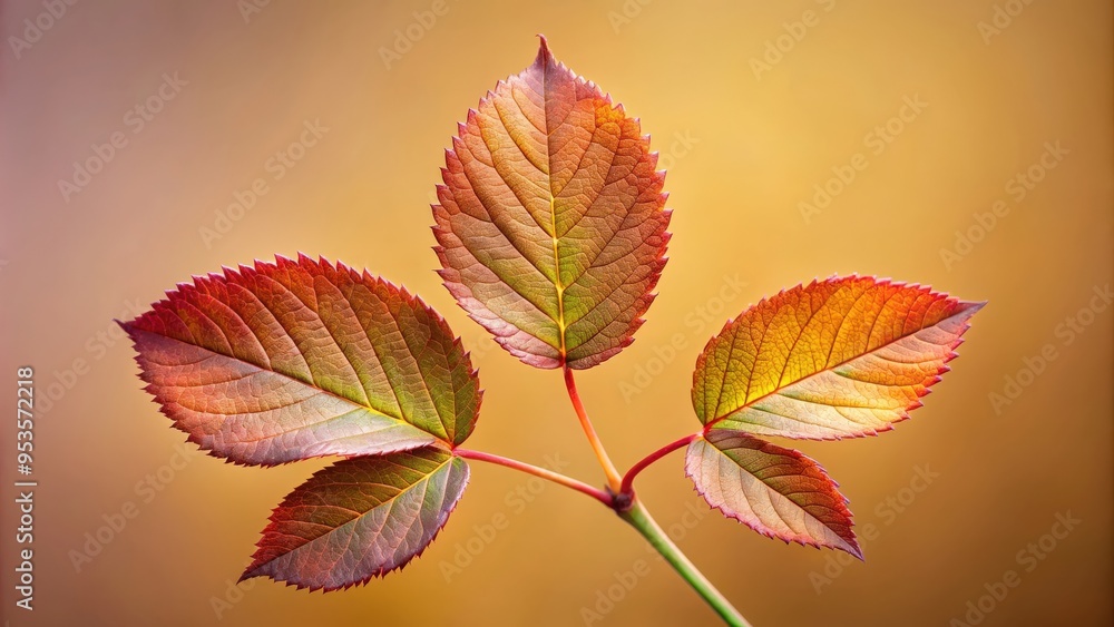 Fototapeta premium Rose leaf twig with three leaves against flat background, Rose, leaf, twig, green, plant, nature, isolated, three, stem