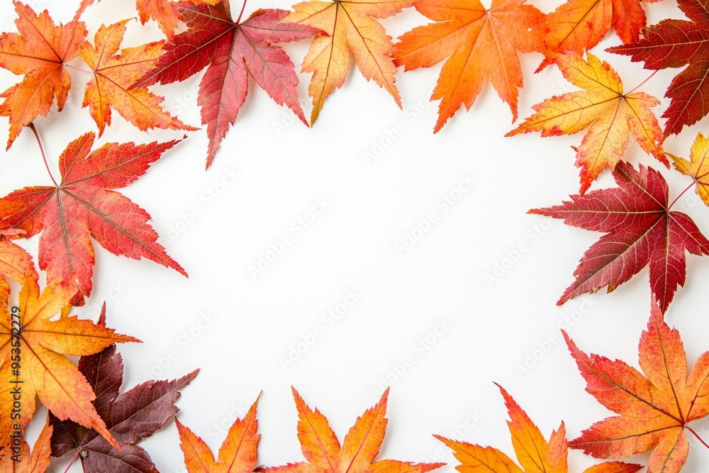 Fototapeta premium Autumn Maple Leaves Flat Lay White Background created with Generative AI