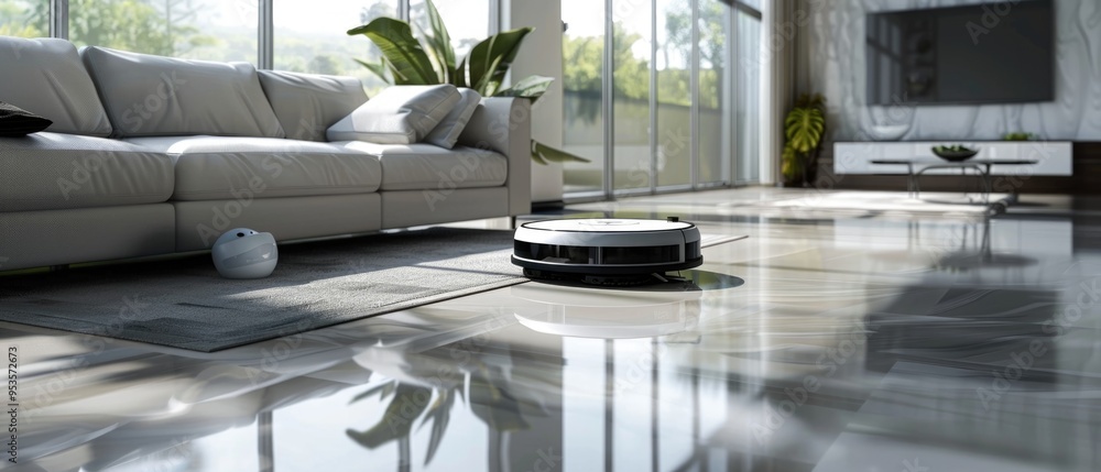Robot vacuum cleaning modern living room floor Robot vacuum cleaning modern living room floor