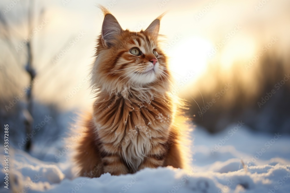 Obraz premium Majestic Fluffy Cat in Snowy Landscape at Sunrise Capturing Winter Serenity