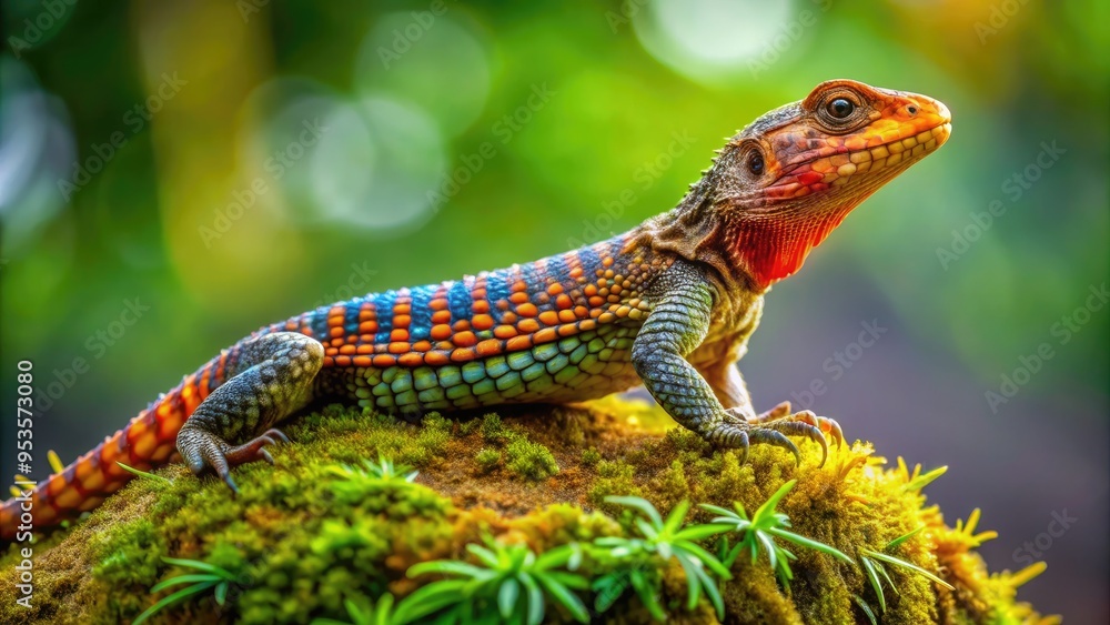 Fototapeta premium A brightly colored, intricately scaled plated lizard perches on a moss-covered rock, its spiky ridges and vibrant orange shades captivating against a lush green background.