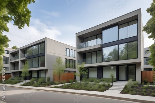 Modern Multifamily Home Design: Contemporary Concrete and Glass Architecture with Large Windows on a Quiet Street with Trees