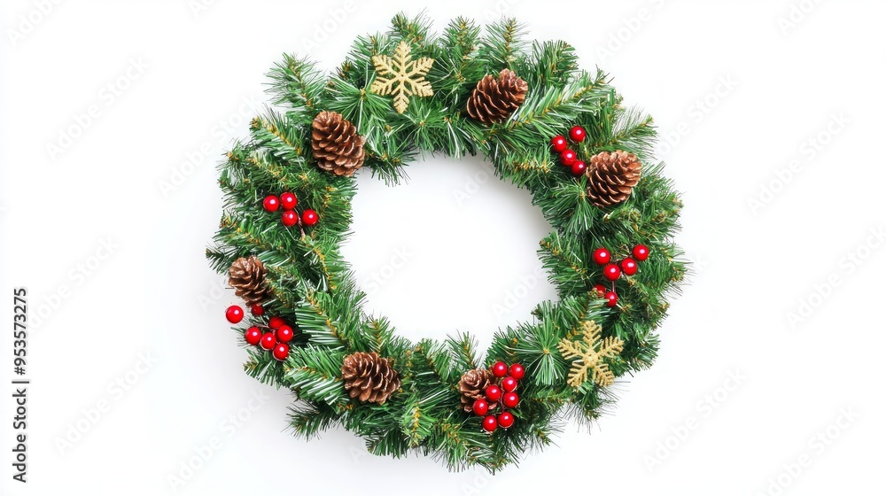 Festive Christmas wreath. Round frame made of conifer branches decorated with cones, artificial red berries and decorative gold snowflakes. Wreath isolated on white background, copy space Festive Christmas wreath. Round frame made of conifer branches decorated with cones, artificial red berries and decorative gold snowflakes. Wreath isolated on white background, copy space