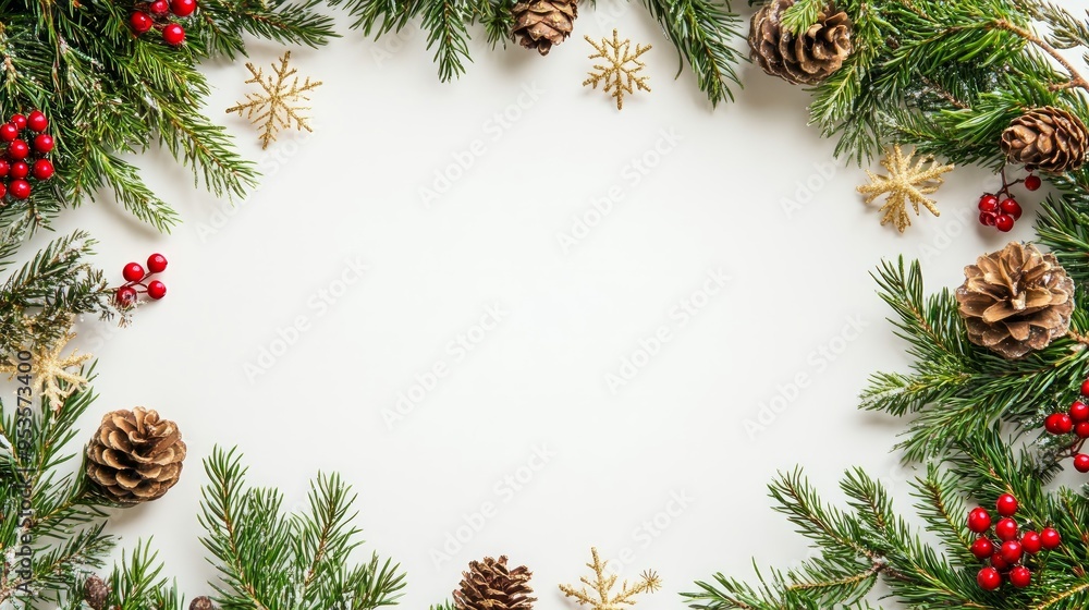 Festive Christmas wreath. Round frame made of conifer branches decorated with cones, artificial red berries and decorative gold snowflakes. Wreath isolated on white background, copy space Festive Christmas wreath. Round frame made of conifer branches decorated with cones, artificial red berries and decorative gold snowflakes. Wreath isolated on white background, copy space