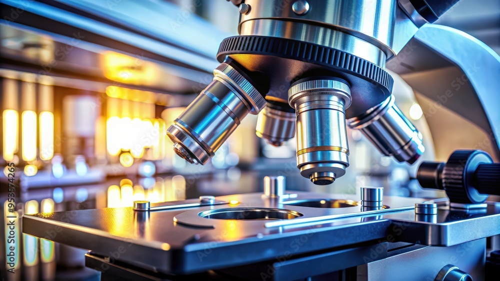 Close-up of microscope lens in a laboratory setting, microscope, close-up, metal, lens, laboratory, science Close-up of microscope lens in a laboratory setting, microscope, close-up, metal, lens, laboratory, science