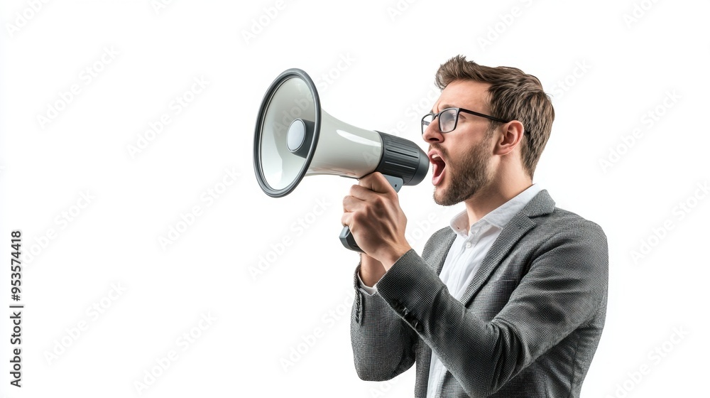 Office worker speaking through a megaphone, isolated on white background, strong and clear image, modern professional setting Office worker speaking through a megaphone, isolated on white background, strong and clear image, modern professional setting