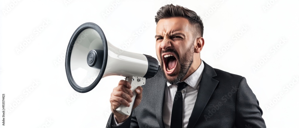 Businessman with a megaphone against a white background, intense focus, dynamic and professional, clear communication style Businessman with a megaphone against a white background, intense focus, dynamic and professional, clear communication style