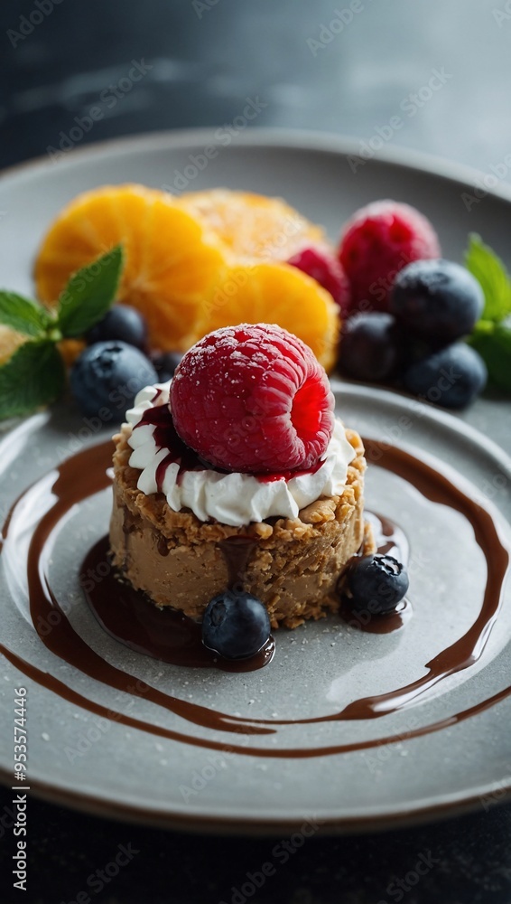 A plate with a dessert. A plate with a dessert.
