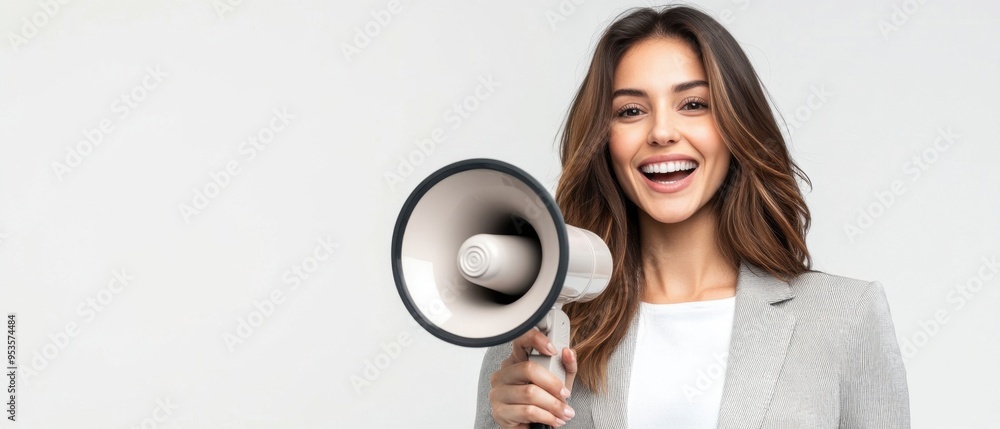 Businesswoman with megaphone, isolated on a bright white background, effective communication, professional presentation, striking clarity Businesswoman with megaphone, isolated on a bright white background, effective communication, professional presentation, striking clarity