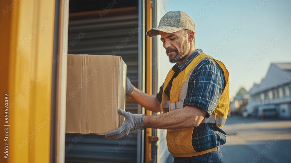 A professional truck driver packing boxes into a shipping container during daylight hours at a clean and efficient loading dock A professional truck driver packing boxes into a shipping container during daylight hours at a clean and efficient loading dock