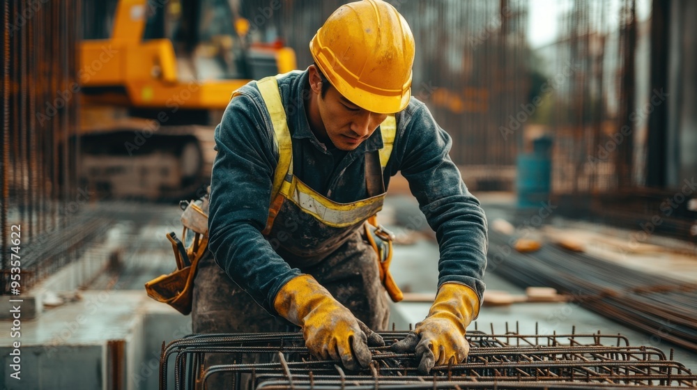 Asian man in safety gear and gloves securing rebar at a construction site with concrete forms and construction machinery in the background Asian man in safety gear and gloves securing rebar at a construction site with concrete forms and construction machinery in the background