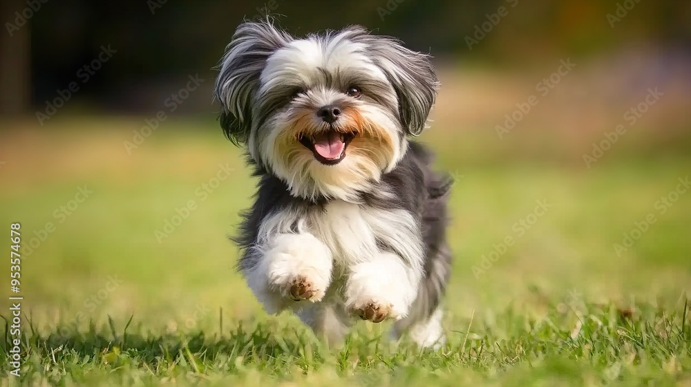 A small dog is running through a grassy field A small dog is running through a grassy field