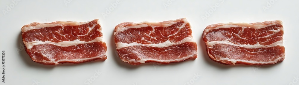Three Pieces of Raw Bacon on White Background Photo Three Pieces of Raw Bacon on White Background Photo