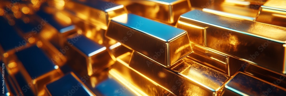 A 3D display of polished gold bullions stacked and slightly scattered, catching the light with brilliant reflections. A 3D display of polished gold bullions stacked and slightly scattered, catching the light with brilliant reflections.