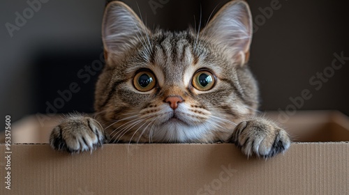 A fluffy cat sits in a cardboard box, peeking out with its big eyes. This image conveys fun and playfulness, with a simple, clean composition on a neutral background.