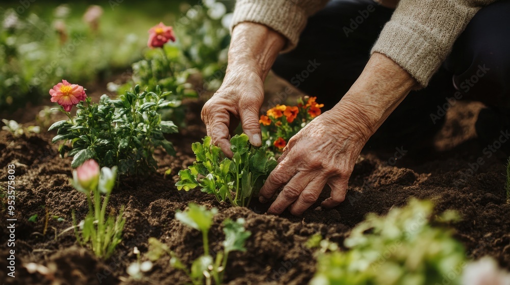 Fototapeta premium elderly LGBTQ individuals gardening together, surrounded by blooming plants, sunny and cheerful setting, hands in soil, rich and natural color tones, serene and nurturing scene