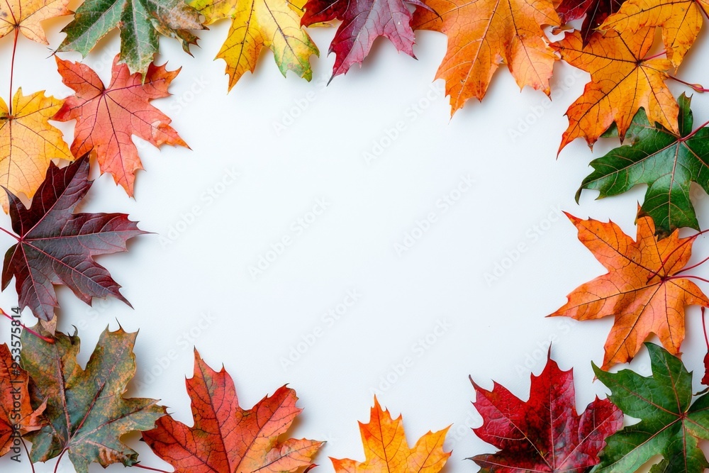 Fototapeta premium Autumn Maple Leaves Flat Lay White Background created with Generative AI