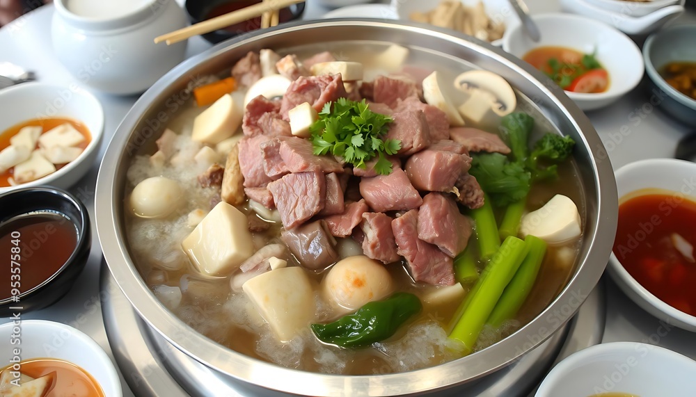 Savory Chinese Hot Pot with Beef, Mushrooms, Tofu, and Fresh Vegetables Savory Chinese Hot Pot with Beef, Mushrooms, Tofu, and Fresh Vegetables