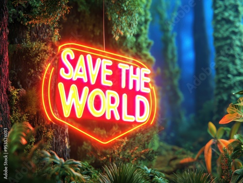 Neon Sign Save The World Hanging in Forest