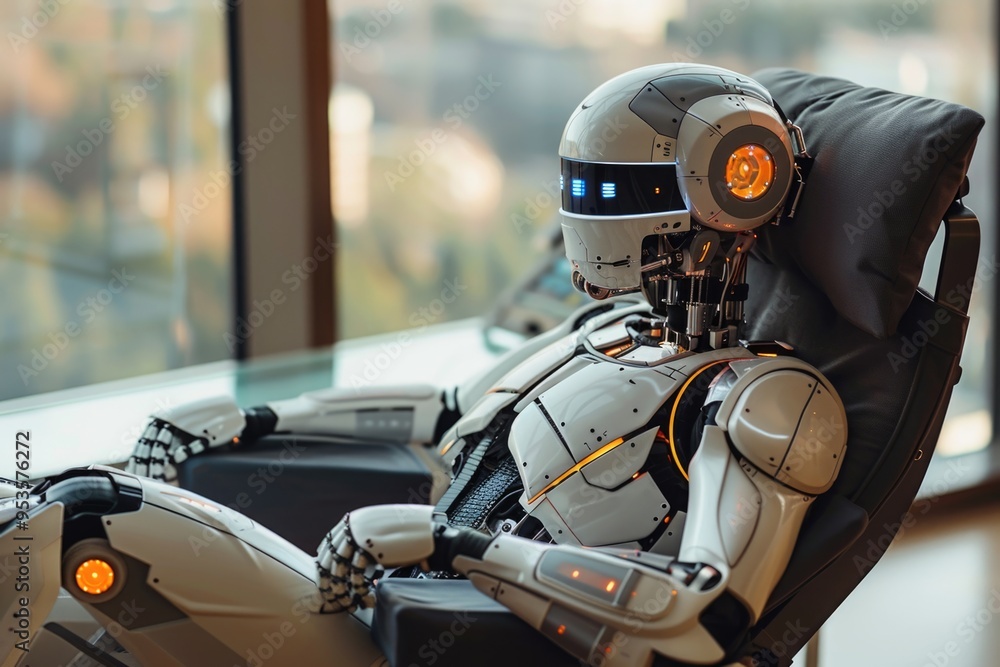 Robot working at desk in home office Robot working at desk in home office