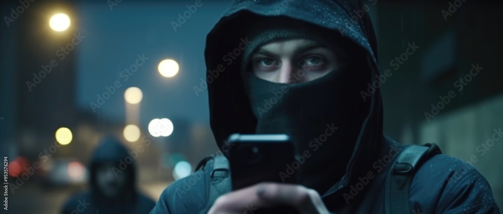Mysterious Man in Hoodie with Face Covered Using Smartphone at Night in Urban Setting Mysterious Man in Hoodie with Face Covered Using Smartphone at Night in Urban Setting