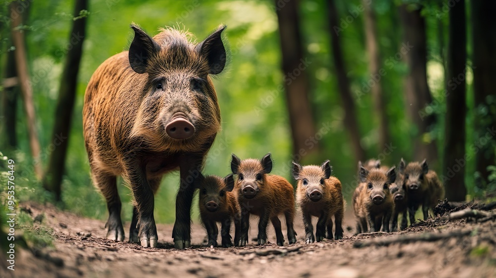 A mother pig and her piglets are walking down a dirt road A mother pig and her piglets are walking down a dirt road
