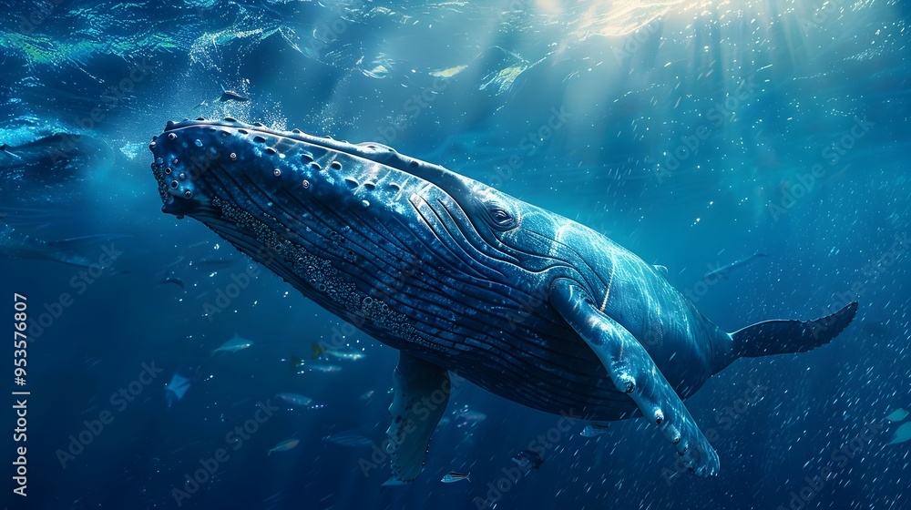 Naklejka premium Majestic Blue Whale Gracefully Navigating the Vast Sunlit Ocean with a School of Fish
