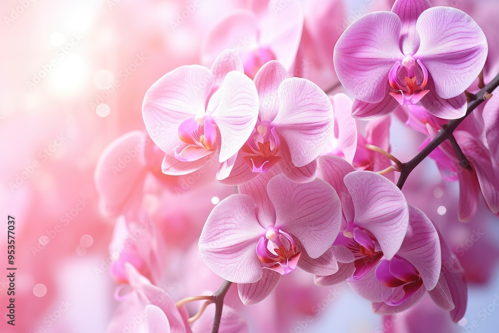 Bright pink orchids close-up on an abstract light background. Magical beautiful flowers. Bright pink orchids close-up on an abstract light background. Magical beautiful flowers.