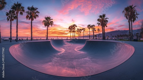 Empty skate park at sunset with palm trees and vibrant sky